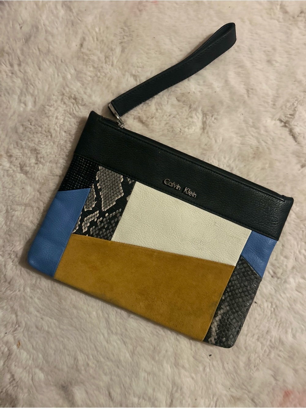 Calvin Klein Colorblock Patchwork Wristlet in Black, Blue, White & Mustard
